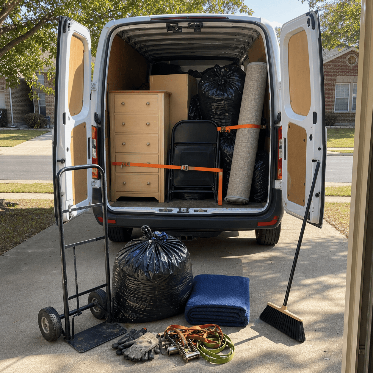 Loaded cargo van with furniture, bags, moving blankets, straps, and cleanup tools in a driveway